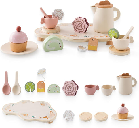 Ikubigu Tea Party Set for Kids - Wooden Tea Set for Little Girls