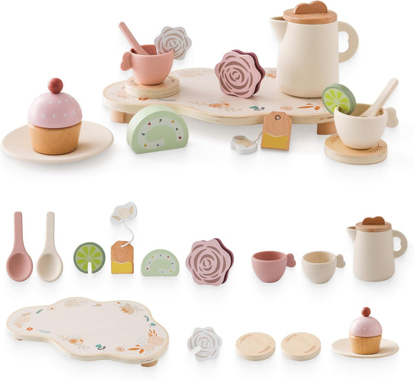 Ikubigu Tea Party Set for Kids - Wooden Tea Set for Little Girls