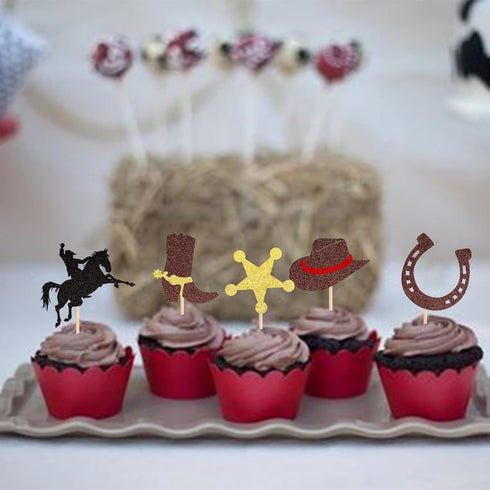 30 PCS Cowboy Cupcake Toppers, Glitter HorseShoe Cowboy Hats & Boots Picks for Western Theme Baby Shower Party