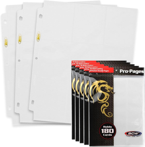 BCW Double-Sided 9-Pocket Pages Holder, 50 White Pages for Trading Card Binder Sheets, Secure Side Loading Card Storage