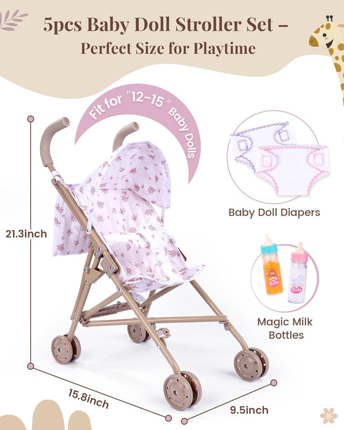 12-15 Inch 5 Set, 3+ BABESIDE One-Touch Baby Doll Stroller Sturdy & Durable for Dolls, Includes Pcs Accessories