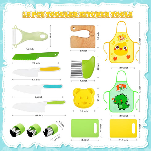 15 PCS Montessori Kitchen Tools, Toddler Knife Set with Wooden Safe Knife, Cutting Board, Crinkle Cutters for Kids