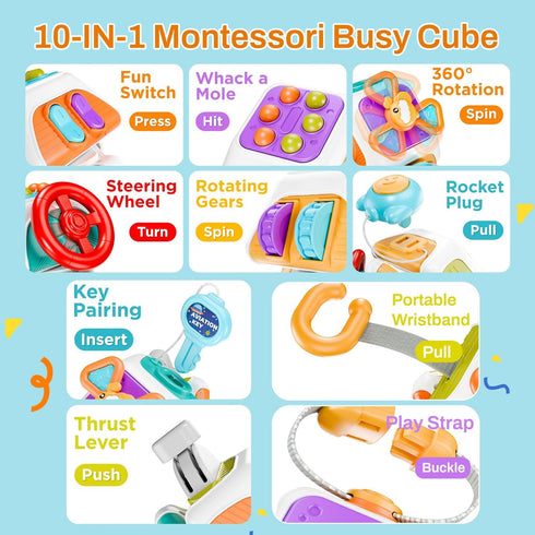 Montessori Busy Cube for Toddlers - Car Travel Toys Activity Cube, Educational Birthday Gifts for 18+ Months
