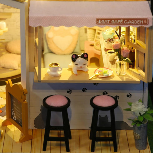 DIY Miniature House Kit for Adults, 3D Wooden Mini Dollhouse Kit, Lovely Cats Coffee Garden Home Decor Gift
