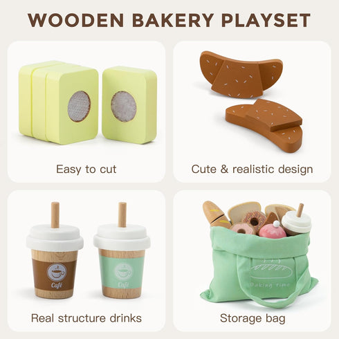 17 Playset 3+, PCS Wooden Bakery Toy Food for Kids, Pretend Picnic Play Food for Toddlers Play Kitchen Accessories