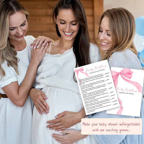 25 A06 Baby Traditions Around The World Shower Game, Ready-to-Play Pink Bow Cards with Answer Key, Fun & Educational