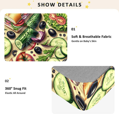 CZXW 52" 28" Vegetables and Sandwiches Crib Sheets Fitted x Natural Cotton Soft & Breathable for Baby Crib Mattress