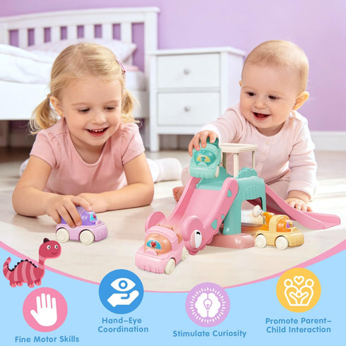 CRATIVWOOD 1 2 4 12-18 1-2 Toddler Toys for Year Old Boys Educational Dinosaur Slide Toys with Push Car Toys for Baby