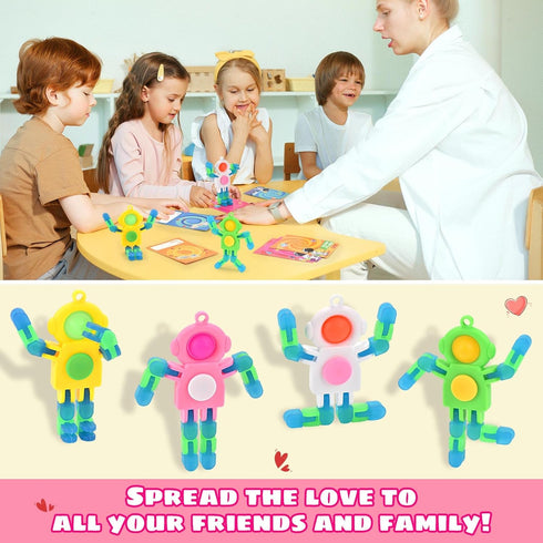 Amplov 28 Pack Valentines Day Gifts for Kids Space Astronaut Robot POP Fidget Spinner Toys with Cards for School