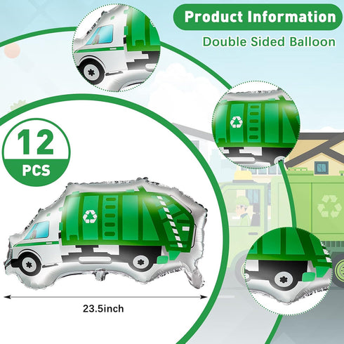 12 Pack Garbage Truck Foil Balloons, Trash Truck Birthday Party Decoration & Baby Shower Party Favor Supplies