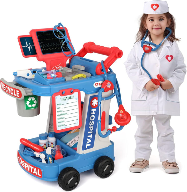 Liberry Doctor Kit for Kids Aged 3-5, Pretend Doctor Playset with Cart, Costume and Stethoscope, Role Play Medical Toy