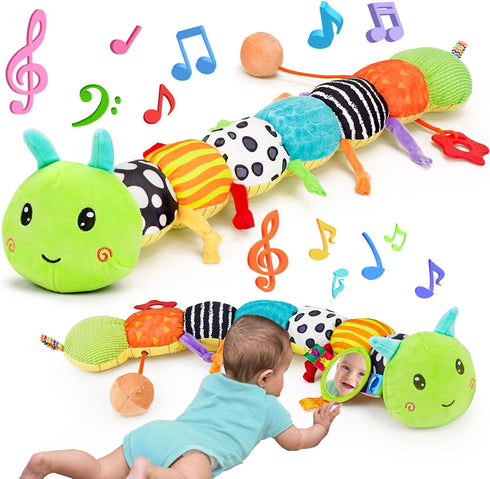 Baby Sensory Toy - Music Animal Stuffed Plush Caterpillar for Infant 0-3 Months, Tummy Time with Crinkle Rattle & Mirror