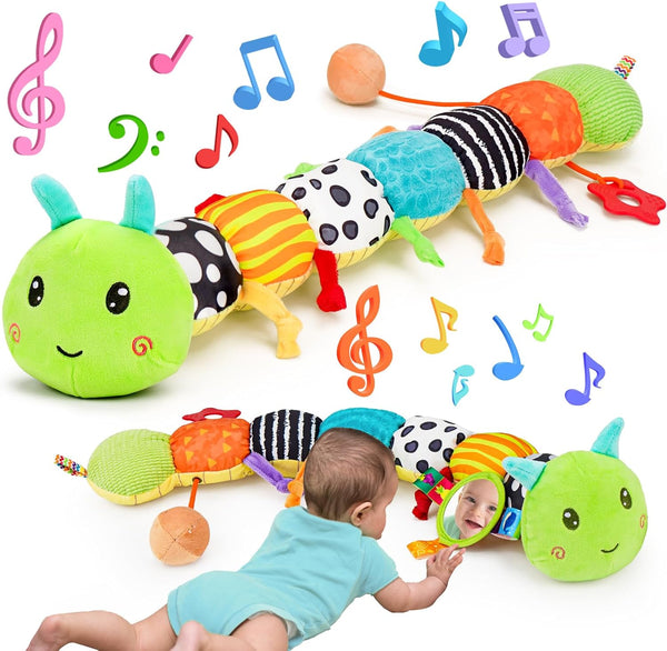 Baby Sensory Toy - Music Animal Stuffed Plush Caterpillar for Infant 0-3 Months, Tummy Time with Crinkle Rattle & Mirror