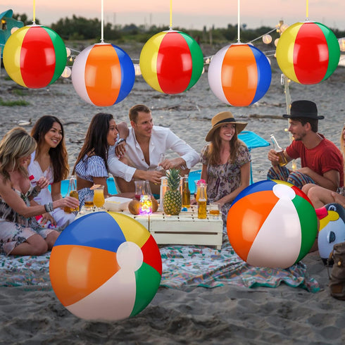Maitys 12 Pieces Rainbow Beach Ball Decoration - Inflatable Pool Ball with Hanging Rope for Summer Parties