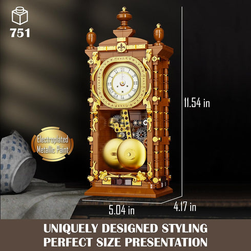 Set, 14+ (751 Vziimo Retro Clock Building Blocks Vintage Pendulum Clock Model Kit with Real Functional Timepiece