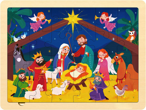 Nativity Scene Kids 24 Piece Puzzle for 3 Year Old, Unique Shape Christmas Wooden Jigsaw for Toddlers