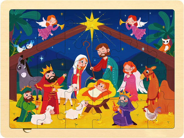 Nativity Scene Kids 24 Piece Puzzle for 3 Year Old, Unique Shape Christmas Wooden Jigsaw for Toddlers