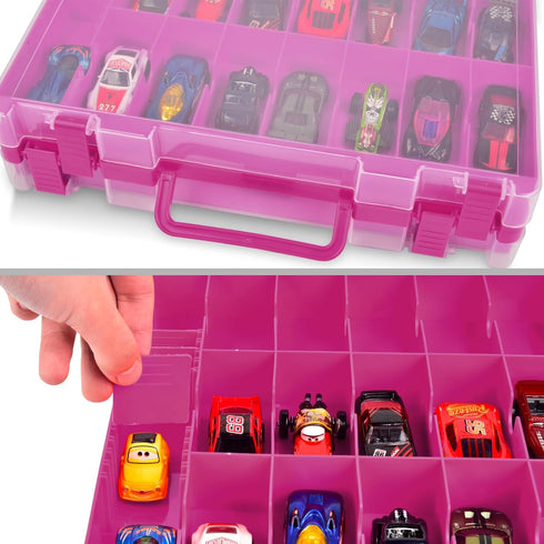 ALCYON Double Sided Organizer Case for Hot Wheels, Matchbox Cars, Mini Toys, Small Dolls - 48 Compartments, Purple (Box