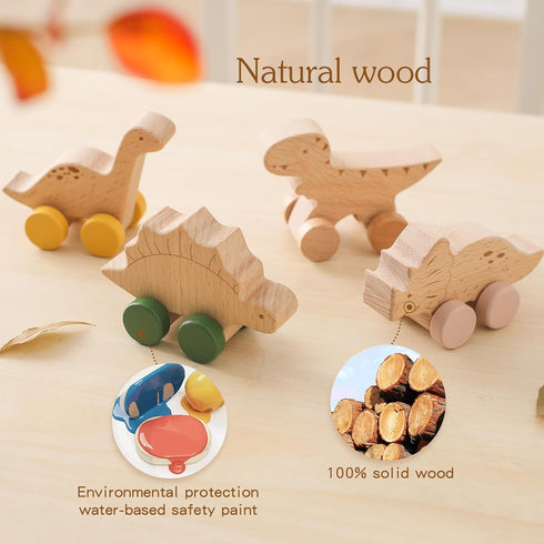 Wooden Dinosaur Cars Montessori Toys, Baby Push Car Toys, Developmental Infant Grasping Toys (3PCS)