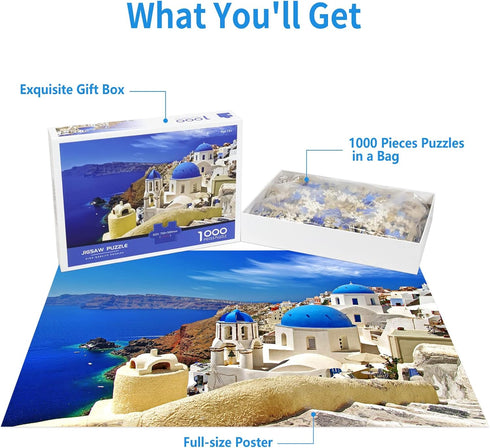 1000 Piece Jigsaw Puzzle - Aegean Sea Santorini Landscape for Adults & Teens, Natural Scene Gift