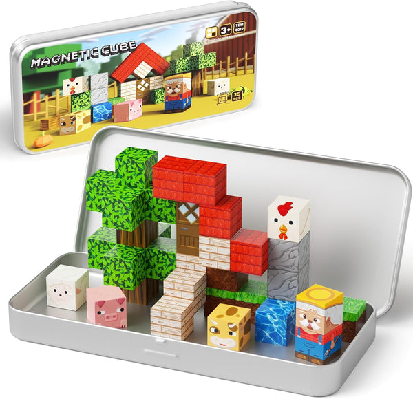 Mini Magnetic Blocks Farm Animals Travel Toys, 35PCS Portable STEM Magnetic Building