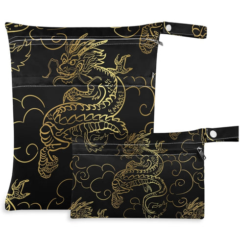visesunny Gold Dragon 2Pcs Wet Bag with Zippered Pockets Washable Reusable Roomy for