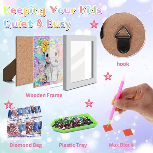 xackcme 4-8-12, Package (7x7 inch) Elephant Diamond Art Painting Kits for Kids with Frame, Animal Diamond Art for Kids