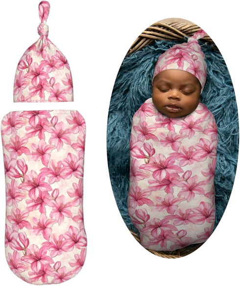 Sets Azalea Flowers Newborn Swaddle Blankets Hat Soft Baby Receiving Blanket Swaddle Sack for Baby Shower Infant Boy
