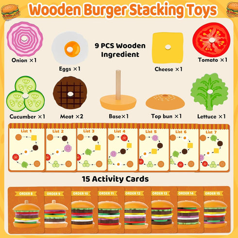 Montessori Wooden Burger Stacking Toys for 2-5 Year Olds, Fine Motor Educational Toys for Boys & Girls, Gift Ideas