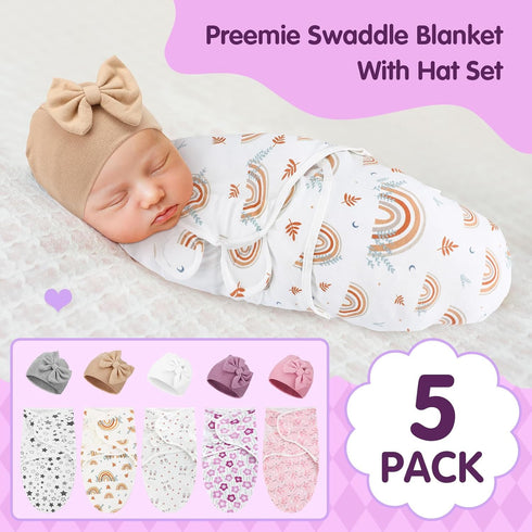 Fanfanwin 5 Pack Set 3-7 Lbs Preemie Swaddle Blanket Wrap with Hat Cotton Preemie Baby Clothes Hat Receiving Blanket