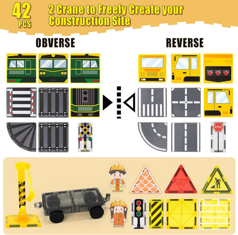 Aukney Set 2 3+ Magnetic Tiles Magnetic Construction with Dolls, Cars, Train, Train Tracks, Building Sensory Toys