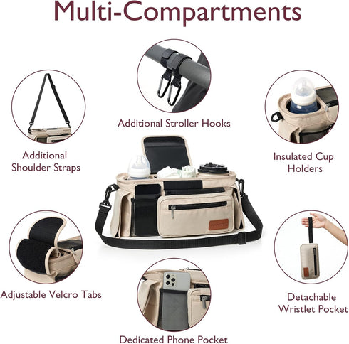 Momcozy 2 Universal Baby Stroller Organizer, Insulated Cup Holder, Detachable Zippered Pocket, Adjustable Shoulder