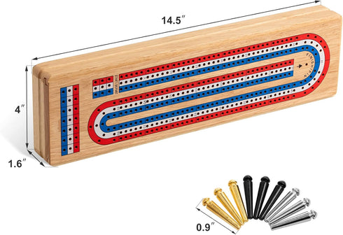 Set 3 9 2 Cribbage Board Game with Large Storage Area, Solid Wood Track Cribbage Board, Metal Pegs, Playing Cards