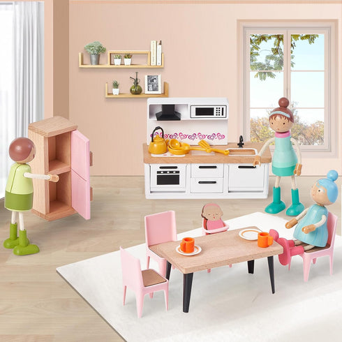 36pcs Set 5 3+ Giant bean Wooden Dollhouse Furniture with Dolls for Rooms, Wood & Plastic Pink Dollhouse Accessories