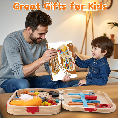 59Pcs Set 2 3 4 5 6 Kids Tool Toy for Boys - Montessori STEM Wooden Play Tool Box Kit with Electric Drill with Types