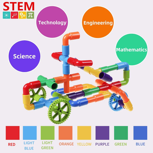 burgkidz STEM Learning Pipe Tube Toy, 188 Pcs Educational Building Blocks with Wheels Baseplate
