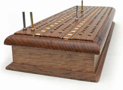 WE Games Cabinet Cribbage Set - Solid Oak Medium Stained Wood with Inlay Sprint 3 Track Board, Metal Pegs & 2 Decks of