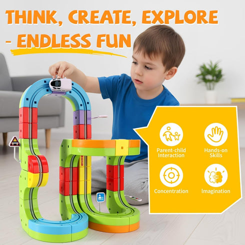 Set 3D 360 3-12 55PCS Electric Train for Kids, Infinity Racer Snap-Fit Cube Track Toy, DIY STEM Rail Cube Monorail