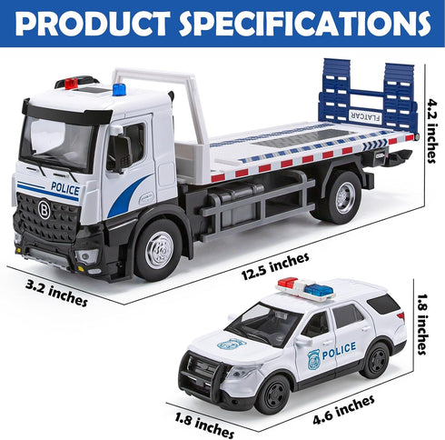 12.5" HAPYAD Police Tow Truck Toy Metal Cab, Flatbed Tow Truck Toys for Boys with Lights and Siren Sounds, Friction