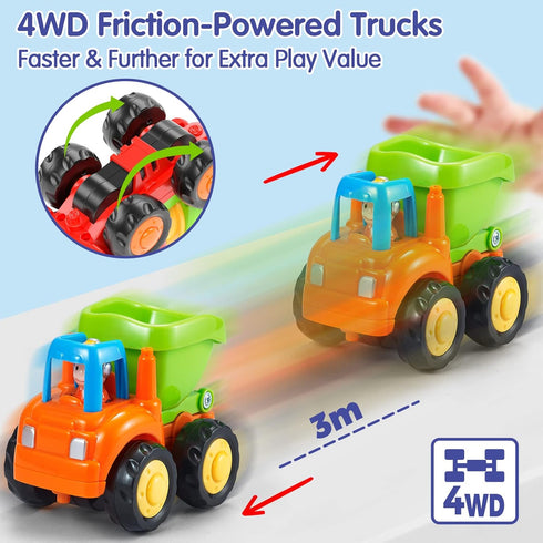 HOLA Toys for 1 Year Old Boy Birthday Gift - 4 PCS Toy Trucks, 4WD Friction Power Car Toys for 2 Year Old Boy