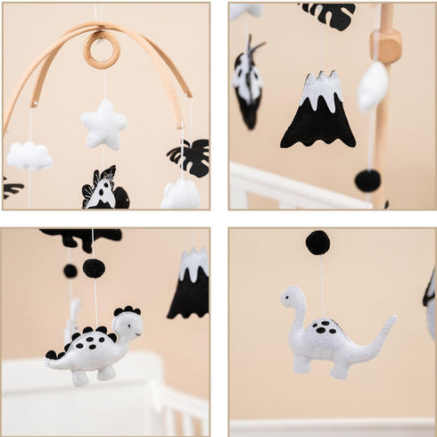 Dinosaur Crib Mobile High-Contrast Black & White Nursery Decor for Newborn Baby Room, Handmade for Boy & Girl, Natural