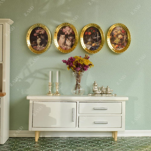 iLAND Miniature Dollhouse Accessories, 4 Picture Frames Set with Printed Paintings in Golden Color