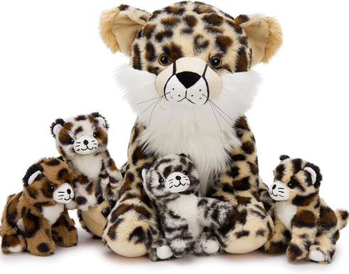 MorisMos 5Pcs Cheetah Stuffed Animal, 14 Inch Cheetah Mommy with 4 Baby,
