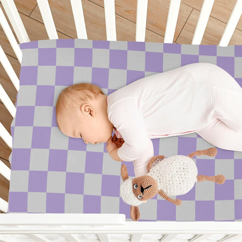 Pigsaly 27x39 Inch Crib Sheets Purple Gray Checkered Baby Sheet for Standard Crib Mattress Boys Girls Toddler Bed