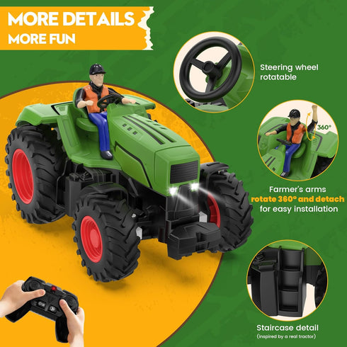 RC Tractor Toy with Farmer & Light, 1:24 Scale, Rechargeable Remote Control Tractor Toys for Kids 3-5, Birthday Gift
