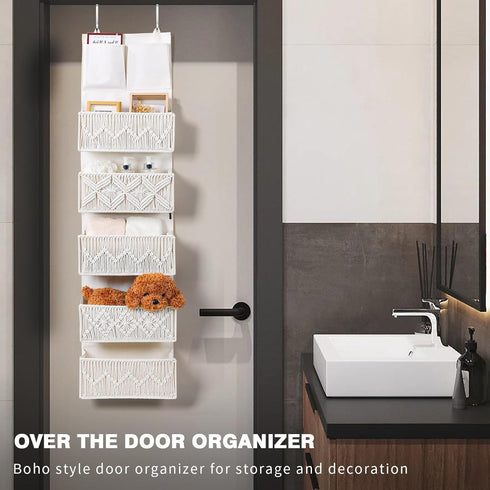 5 Closet ANTIS'S HOME Over the Door Organizer Macrame Boho Nursery Storage with Large Woven Pockets, Hanging Basket