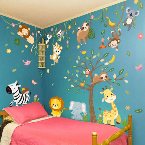 iMagitek 90.94" 62.59" Large Jungle Animals Tree Wall Decals Safari Animals Climbing Trees Wall Stickers Elephant