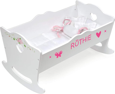 Badger Basket Toy Rocking Doll Bed with White Bedding and Personalization Kit for 20 inch Dolls - White Rose