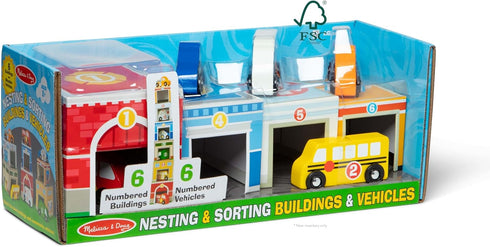 Melissa & Doug Nesting and Sorting Blocks - 6 Buildings, 6 Wooden Vehicles, FSC Certified