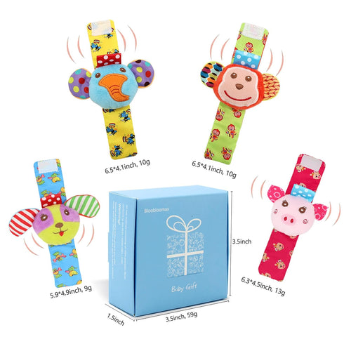 Wrist Rattles for Babies 0-24 Months - Baby Animal Hand & Foot Finder Educational Toys (4W)